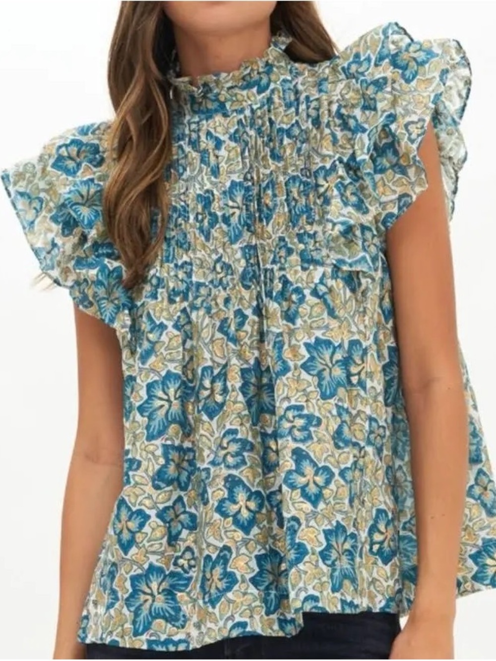Oliphant Pintuck Ruffle Blue Floral Ruffle Neck Blouse